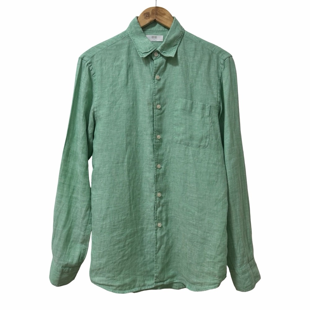 Uniqlo Mens 100% Linen Button Up Long Sleeve Shirt Size S Green Coastal Vacation
